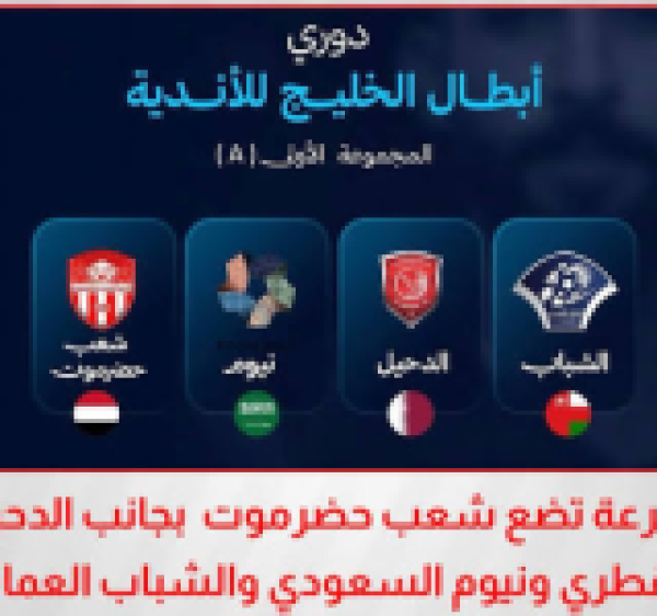 قرعة دوري أبطال الخليج للأندية تضع شعب حضرموت في المجموعة الأولى قرعة دوري أبطال الخليج للأندية تضع شعب حضرموت في المجموعة الأولى