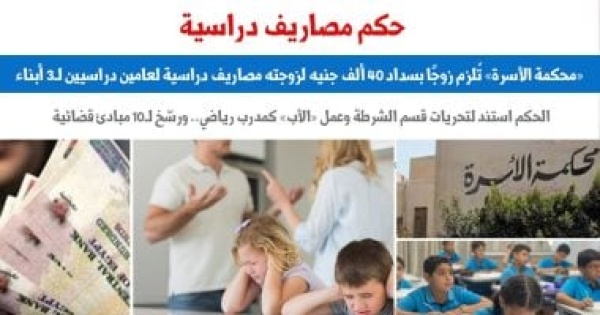 محكمة الأسرة تلزم زوجا بسداد 40 ألف جنيه لزوجته مصاريف دراسية لعامين