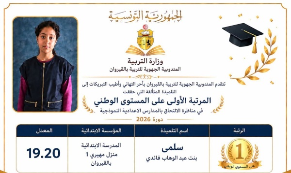 القيروان سلمى الفايدي تتقاسم المرتبة الأولى وطنيا في السيزيام وتطمح إلى دراسة الطب