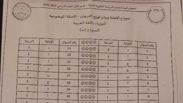 تداول نموذج إجابة الفيزياء مع انطلاق معاينات تظلمات الثانوية العامة 2026 تداول نموذج إجابة الفيزياء مع انطلاق معاينات تظلمات الثانوية العامة 2026