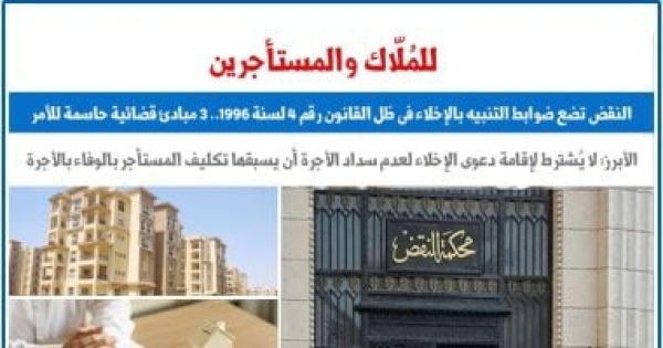 النقض تضع ضوابط التنبيه بالإخلاء فى ظل القانون رقم 4 لسنة 1996 برلمانى النقض تضع ضوابط التنبيه بالإخلاء فى ظل القانون رقم 4 لسنة 1996 برلمانى