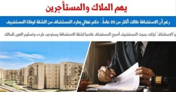 الاستئناف بموت المستضيف يصبح المستضاف غاصبا لشقة الاستضافة ويستوجب طرده الاستئناف بموت المستضيف يصبح المستضاف غاصبا لشقة الاستضافة ويستوجب طرده