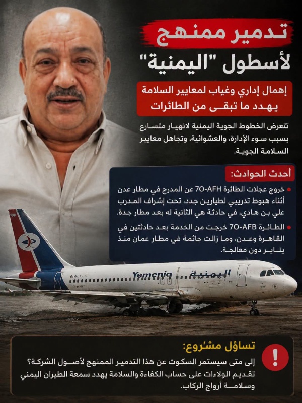 تدمير ممنهج لأسطول اليمنية إهمال إداري وغياب لمعايير السلامة يهدد ما تبقى من الطائرات تدمير ممنهج لأسطول اليمنية إهمال إداري وغياب لمعايير السلامة يهدد ما تبقى من الطائرات