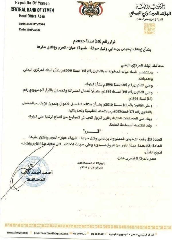محافظ البنك المركزي يصدر قرارا بإيقاف ترخيص شركة صرافة شهيرة للحوالات في شبوة وإغلاق مقرها محافظ البنك المركزي يصدر قرارا بإيقاف ترخيص شركة صرافة شهيرة للحوالات في شبوة وإغلاق مقرها