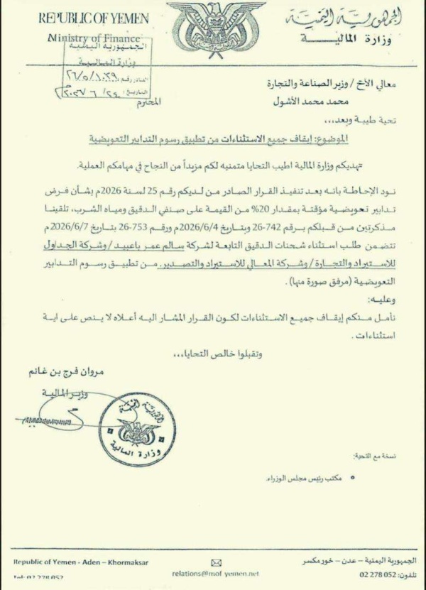 وثيقة رسمية تطالب بإيقاف استثناءات الدقيق بشكل كامل ومراقبون يتحدثون عن تحركات مشبوهة لإفشال القرار والاستيلاء على المال العام وتهديد الأمن الغذائي للبلاد وثيقة رسمية تطالب بإيقاف استثناءات الدقيق بشكل كامل ومراقبون يتحدثون عن تحركات مشبوهة لإفشال القرار والاستيلاء على المال العام وتهديد الأمن الغذائي للبلاد