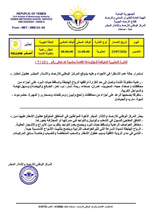 الأرصاد يحذر من أمطار رعدية غزيرة وسيول محتملة في عدة محافظات يمنية