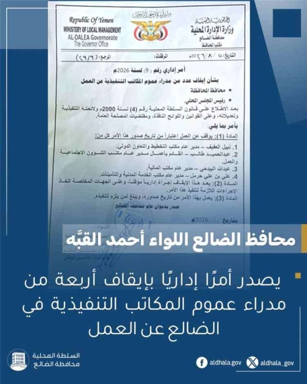 المحافظ يوقف أربعة مدراء عموم عن العمل المحافظ يوقف أربعة مدراء عموم عن العمل