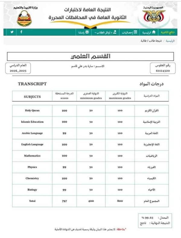 طالبة بالضالع تحقق 99 63 وتغيب عن قائمة أوائل الجمهورية وأسرتها تطالب بالتوضيح طالبة بالضالع تحقق 99 63 وتغيب عن قائمة أوائل الجمهورية وأسرتها تطالب بالتوضيح