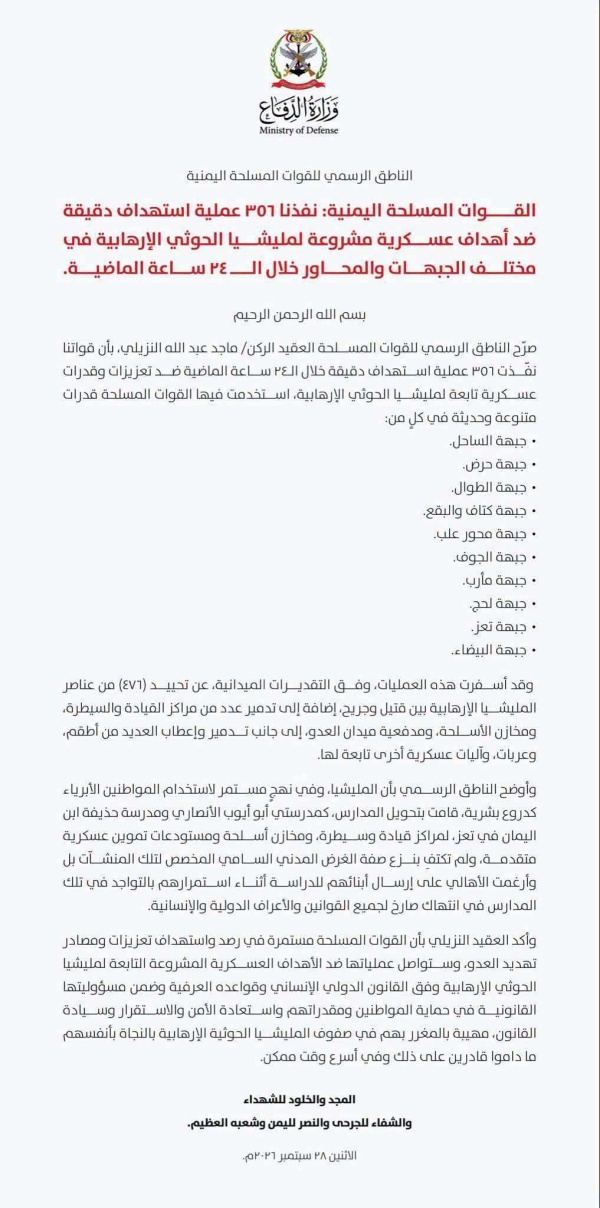 عاجل ناطق القوات المسلحة يعلن تنفيذ 351 عملية استهداف دقيقة ضد الحو ثيين خلال 24 ساعة عاجل ناطق القوات المسلحة يعلن تنفيذ 351 عملية استهداف دقيقة ضد الحو ثيين خلال 24 ساعة