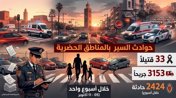 33 قتيلا و3153 جريحا حصيلة حوادث السير بالمناطق الحضرية خلال الأسبوع المنصرم 33 قتيلا و3153 جريحا حصيلة حوادث السير بالمناطق الحضرية خلال الأسبوع المنصرم