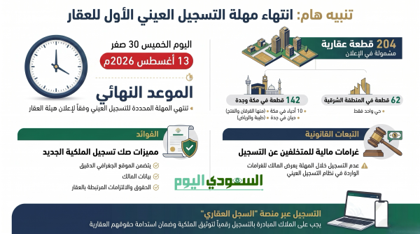 هيئة العقار تحذر من انتهاء مهلة التسجيل العيني لـ204 قطع عقارية في مكة والشرقية