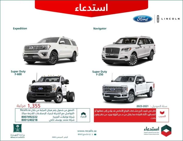 عاجل التجارة استدعاء 1355 مركبة فورد لينكون بسبب خلل في أذرع مس احات الزجاج الأمامي قد يؤدي إلى انفصالها أثناء القيادة