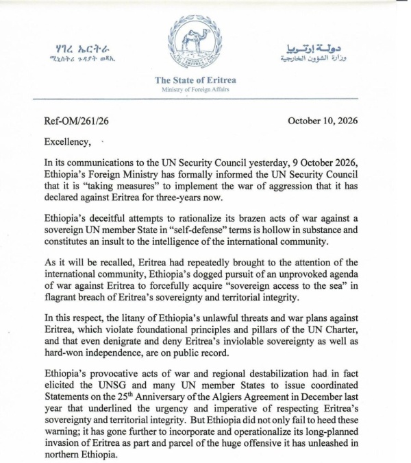 طالبت بتدخل مجلس الأمن إريتريا تحذر من حرب مدمرة مع إثيوبيا طالبت بتدخل مجلس الأمن إريتريا تحذر من حرب مدمرة مع إثيوبيا
