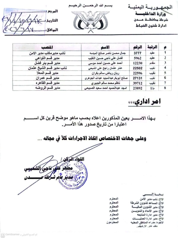 مدير أمن عدن يصدر قرارات جديدة لمدراء أقسام الشرطة