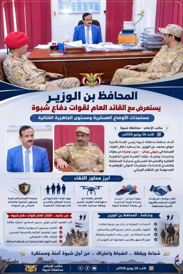 تنسيق وتناغم بين السلطة المحلية وقوات دفاع شبوة لتعزيز التنمية وترسيخ الاستقرار في المحافظة تنسيق وتناغم بين السلطة المحلية وقوات دفاع شبوة لتعزيز التنمية وترسيخ الاستقرار في المحافظة