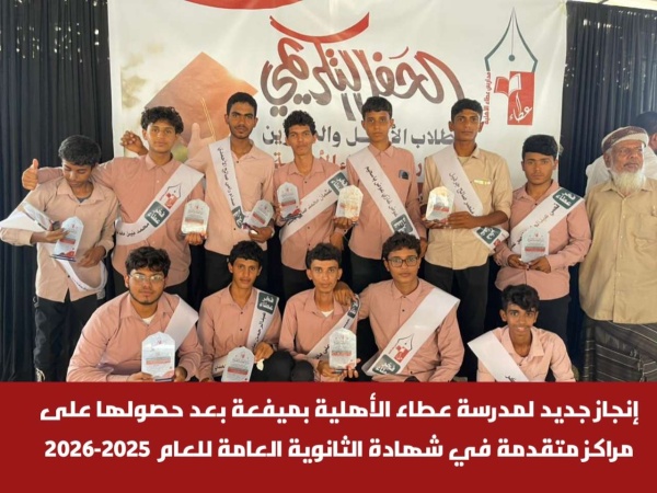 إنجاز جديد لمدرسة عطاء الأهلية بميفعة بعد حصولها على مراكز متقدمة في شهادة الثانوية العامة للعام 2025 2026 إنجاز جديد لمدرسة عطاء الأهلية بميفعة بعد حصولها على مراكز متقدمة في شهادة الثانوية العامة للعام 2025 2026