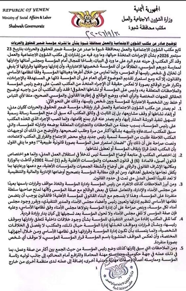 منظمات المجتمع المدني بشبوة تؤكد أن العمل المدني مسؤولية مجتمعية وليس إطار ا لممارسة العمل السياسي أو الحزبي