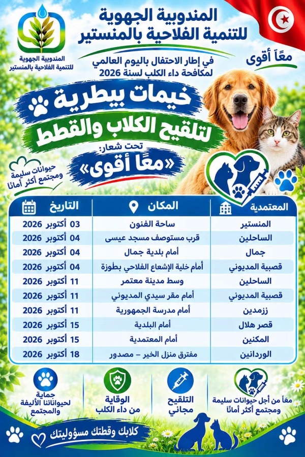 المنستير خيمات بيطرية مجانية لتلقيح الكلاب والقطط ضد داء الكلب