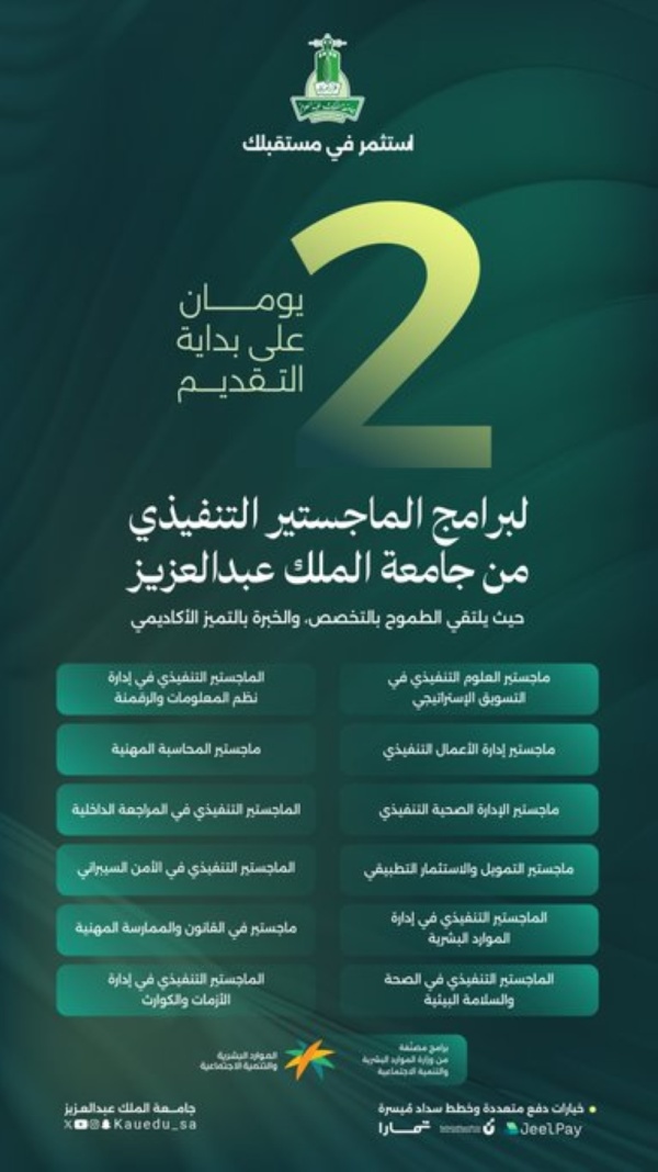 جامعة الملك عبدالعزيز تفتح القبول في برامج الماجستير التنفيذي جامعة الملك عبدالعزيز تفتح القبول في برامج الماجستير التنفيذي