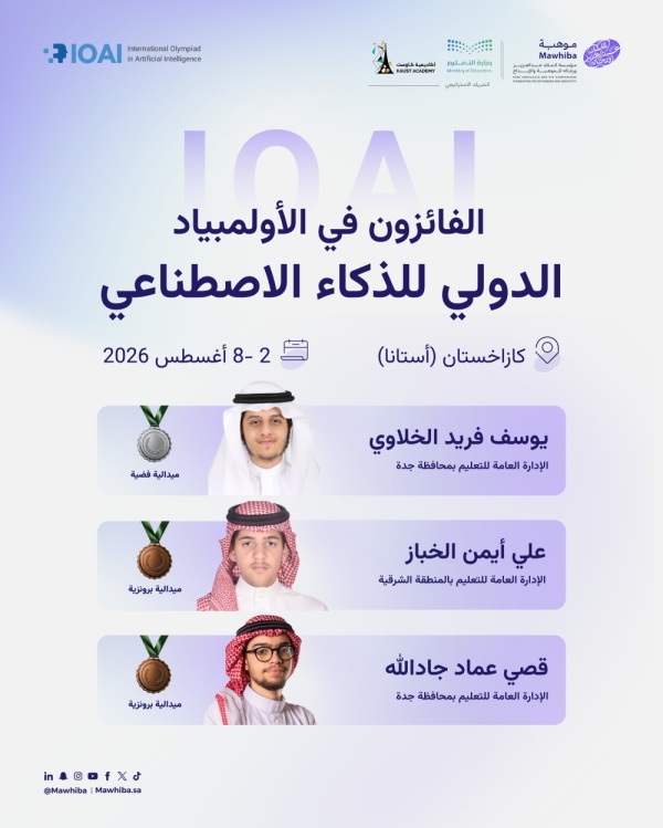 المواهب السعودية تحصد ثلاث ميداليات في أولمبياد كازاخستان للذكاء الاصطناعي المواهب السعودية تحصد ثلاث ميداليات في أولمبياد كازاخستان للذكاء الاصطناعي