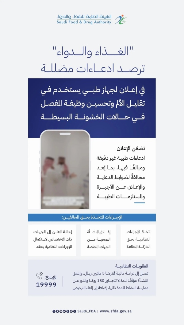 5 ملايين ريال غرامة الغذاء والدواء ترصد إعلان ا مخالف ا لجهاز طبي وتغلق المنشأة