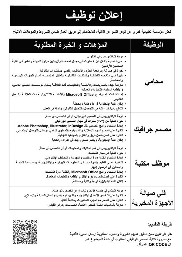 مؤسسة تعليمية كبرى تعلن عن توفر عدة شواغر مؤسسة تعليمية كبرى تعلن عن توفر عدة شواغر