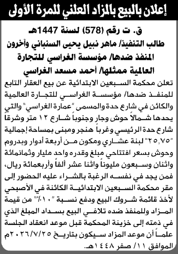 تعلن محكمة السبعين الابتدائية عن بيع بالمزاد العلني لعقار المنفذ ضده مؤسسة الغراسي للتجارة العالمية
