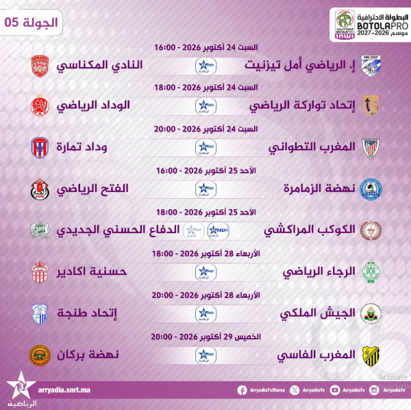 البطولة الاحترافية برنامج ومواعيد مباريات الجولة الخامسة من الدوري المغربي البطولة الاحترافية برنامج ومواعيد مباريات الجولة الخامسة من الدوري المغربي
