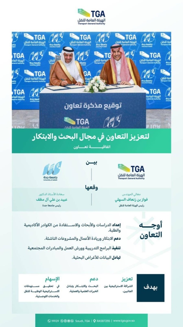 هيئة النقل وجامعة جدة توقعان اتفاقية لدعم وتطوير البحث والابتكار في قطاع النقل والخدمات اللوجستية