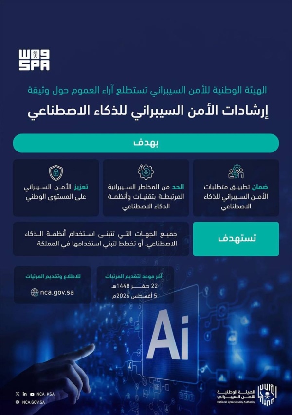 الأمن السيبراني تستطلع آراء العموم حول وثيقة إرشادات الأمن السيبراني للذكاء الاصطناعي الأمن السيبراني تستطلع آراء العموم حول وثيقة إرشادات الأمن السيبراني للذكاء الاصطناعي