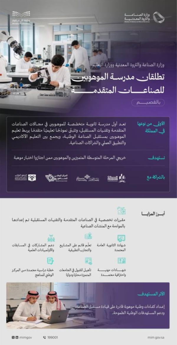 وزارتا التعليم والصناعة تعلنان إطلاق مدرسة الموهوبين للصناعات المتقدمة بالقصيم وزارتا التعليم والصناعة تعلنان إطلاق مدرسة الموهوبين للصناعات المتقدمة بالقصيم