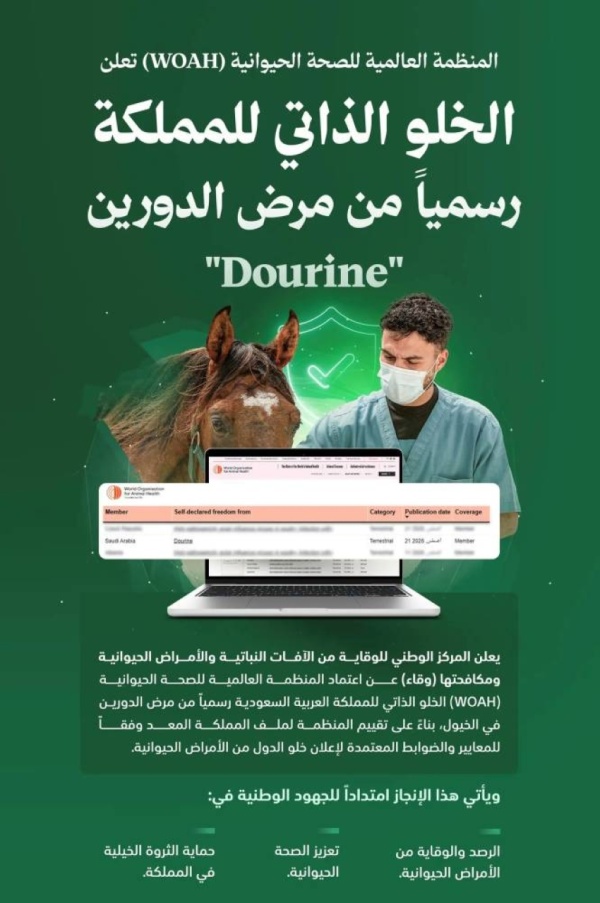 المنظمة العالمية للصحة الحيوانية ت علن اعتماد الخلو الذاتي للمملكة رسمي ا من مرض الدورين في الخيول