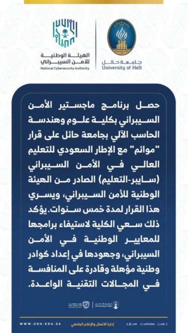 جامعة حائل تحصل على قرار موائم في برنامج ماجستير الأمن السيبراني جامعة حائل تحصل على قرار موائم في برنامج ماجستير الأمن السيبراني