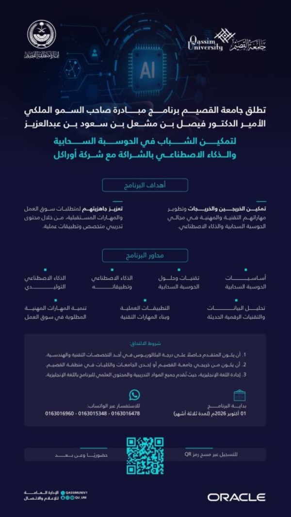جامعة القصيم تطلق برنامج مبادرة الأمير الدكتور فيصل بن مشعل لتمكين الشباب في الحوسبة السحابية والذكاء الاصطناعي جامعة القصيم تطلق برنامج مبادرة الأمير الدكتور فيصل بن مشعل لتمكين الشباب في الحوسبة السحابية والذكاء الاصطناعي