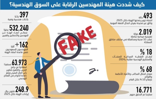 493 حالة اشتباه تزوير تضبط سوق الممارسات الهندسية