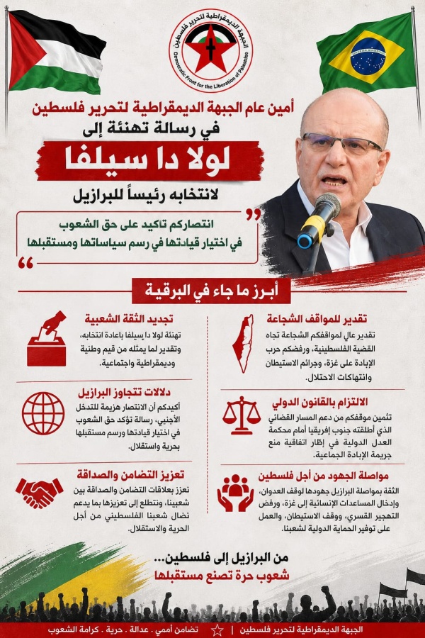 امين عام الجبهة الديمقراطية في رسالة تهنئة الى لولا دا سيلفا لانتخابه رئيسا للبرازيل انتصاركم تأكيد على حق الشعوب في اختيار قيادتها وفي رسم سياساتها ومستقبلها