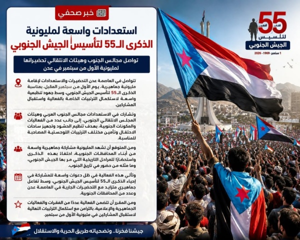 أبناء الجنوب يتأهبون استعدادا لمليونية الذكرى الـ55 لتأسيس الجيش الجنوبي في العاصمة عدن وحضرموت أبناء الجنوب يتأهبون استعدادا لمليونية الذكرى الـ55 لتأسيس الجيش الجنوبي في العاصمة عدن وحضرموت
