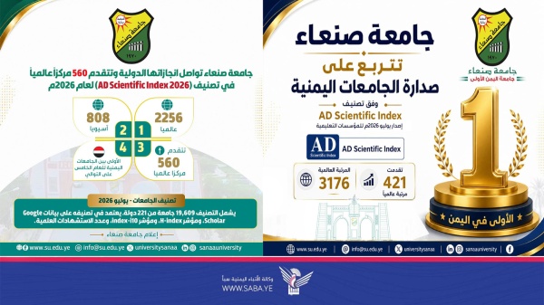 جامعة صنعاء تتقدم 560 مرتبة عالمي ة في تصنيف ad scientific index لعام 2026م جامعة صنعاء تتقدم 560 مرتبة عالمي ة في تصنيف ad scientific index لعام 2026م