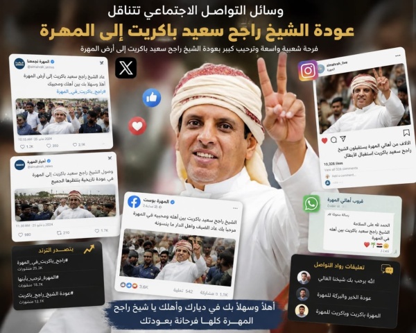 رغم خطورة الصحراء وصول الشيخ راجح باكريت إلى المهرة يشعل التفاعل على منصات التواصل الاجتماعي