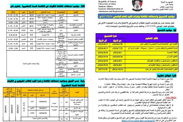 غد ا الأحد جامعة عدن تدشن أعمال التنسيق والقبول للعام الجامعي الجديد