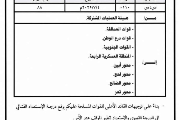 عاجل توجيهات عسكرية برفع الاستعداد القتالي إلى الدرجة القصوى عاجل توجيهات عسكرية برفع الاستعداد القتالي إلى الدرجة القصوى