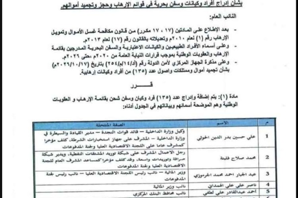 البنك المركزي يجم د أموال 135 شخص ا وكيان ا بينهم قيادات ومسؤولون مرتبطون بالحكومة الشرعية البنك المركزي يجم د أموال 135 شخص ا وكيان ا بينهم قيادات ومسؤولون مرتبطون بالحكومة الشرعية