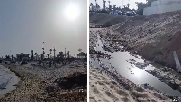 الحمامات الحماية المدنية تمنع المصطافين من السباحة بسبب تسرب مياه l onas في البحر فيديو