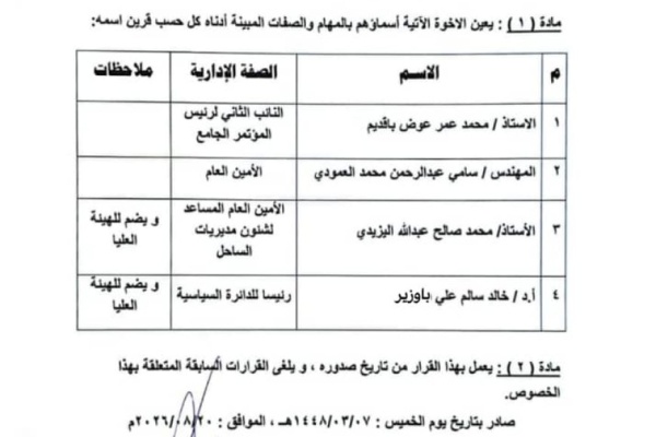 تعيينات جديدة في مؤتمر حضرموت الجامع تتصدرها تسمية باقديم نائبا ثانيا للرئيس تعيينات جديدة في مؤتمر حضرموت الجامع تتصدرها تسمية باقديم نائبا ثانيا للرئيس