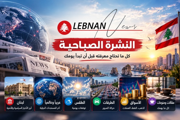 صباح لبنان في نشرة واحدة أبرز الأخبار والتطورات عناوين الصحف السياسة والأمن العالم الطقس وحال الطرقات صباح لبنان في نشرة واحدة أبرز الأخبار والتطورات عناوين الصحف السياسة والأمن العالم الطقس وحال الطرقات