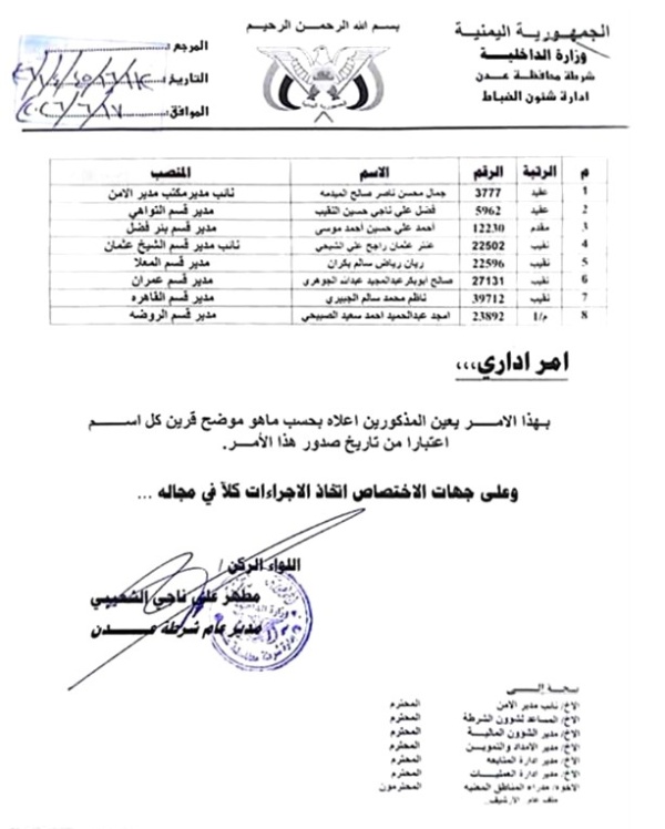 عاجل مدير أمن عدن يصدر قرارات جديدة لتعيين مدراء أقسام الشرطة وتعزيز الأداء الأمني عاجل مدير أمن عدن يصدر قرارات جديدة لتعيين مدراء أقسام الشرطة وتعزيز الأداء الأمني