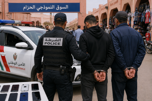 توقيف شخصين متلبسين بسرقة هواتف بالنشل داخل السوق النموذجي الحزام بالعيون توقيف شخصين متلبسين بسرقة هواتف بالنشل داخل السوق النموذجي الحزام بالعيون