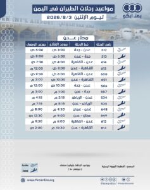 مواعيد الرحلات في مطار عدن ليوم الاحد 02 اغسطس 2026م مواعيد الرحلات في مطار عدن ليوم الاحد 02 اغسطس 2026م