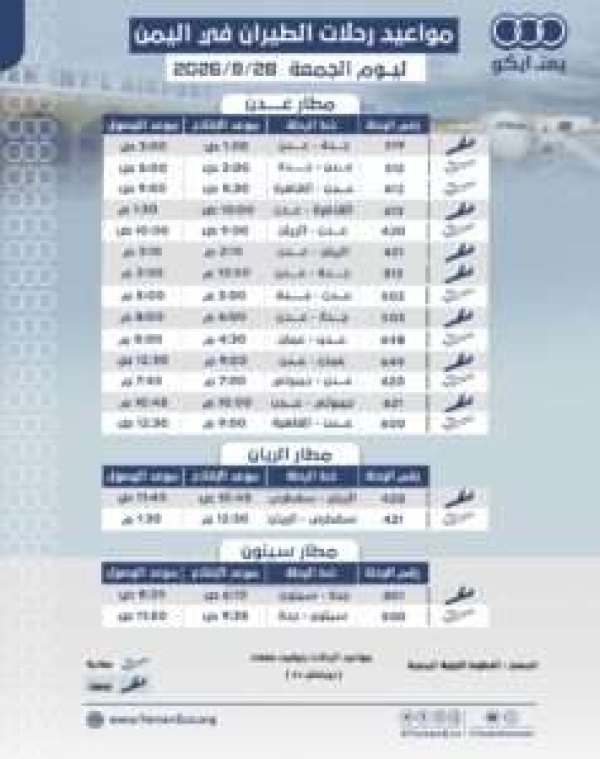 مواعيد الرحلات في مطار عدن ومطار الريان ومطار سيئون ليوم الجمعة 28 اغسطس 2026م
