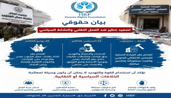 هيومن رايتس فاونديشن تحذر من تصعيد مقلق يستهدف العمل النقابي والنشاط السياسي في عدن والمكلا هيومن رايتس فاونديشن تحذر من تصعيد مقلق يستهدف العمل النقابي والنشاط السياسي في عدن والمكلا